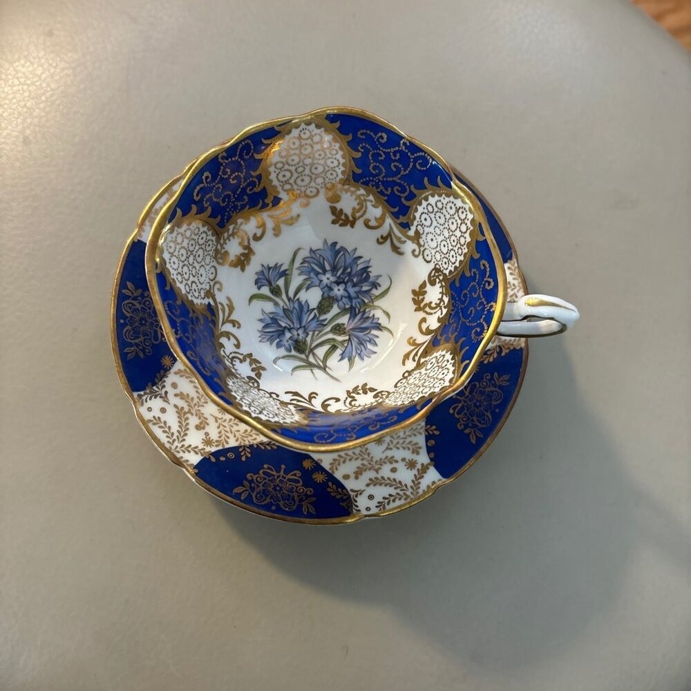 Paragon Fine Bone China Tea Cup and Saucer Blue Gold Floral England